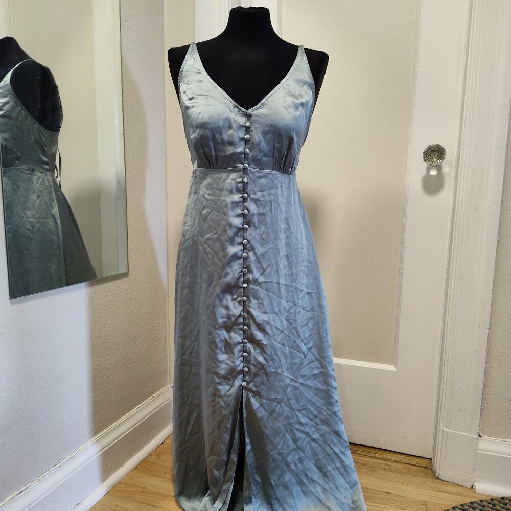 Gorgeous Anthropologie Silk Button-Up Slip Maxi Dress in Blue Sage